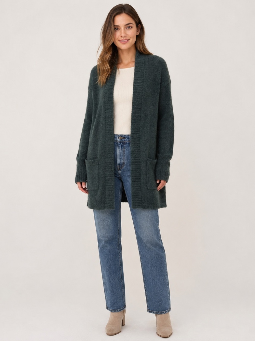 Christian Siriano Hunter Green Long Open-Front Cardigan Sweater Small